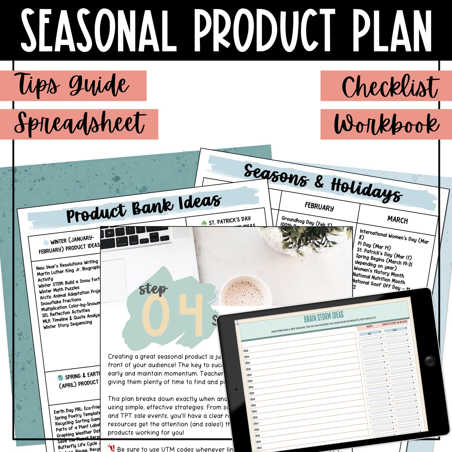 Seasonal Product Planning Power Pack - Easy How to Guide and Toolkit for Sellers - Tips Guide - Checklist - Spreadsheet - Workbook - Teachers Pay Teachers - Selling on TPT - TPT Sellers