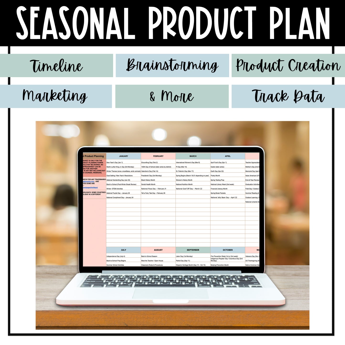 Seasonal Product Planning Power Pack - Easy How to Guide and Toolkit for TPT Sellers - Planning Timeline - Brainstorming - Product Creation - Marketing - Track Data - Teachers Pay Teachers - Selling on TPT - TPT Sellers
