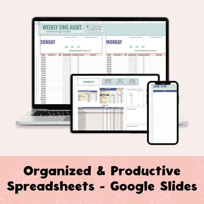 Organized and Productive Spreadsheets in Google Slides for TPT Sellers to manage their work time and stay focused. 3 Spreadsheets included - Time Audit & Weekly Schedule Spreadsheet, Brainstorm & To Do List Spreadsheet, Budget Spreadsheet