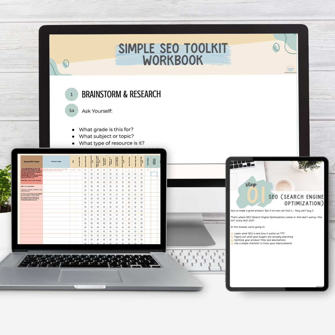 Simple SEO Toolkit Workbook displayed on a laptop, tablet, and smartphone with a white background. TPT Seller SEO, Titles, and Descriptions - Simple SEO Steps for Big Visibility
