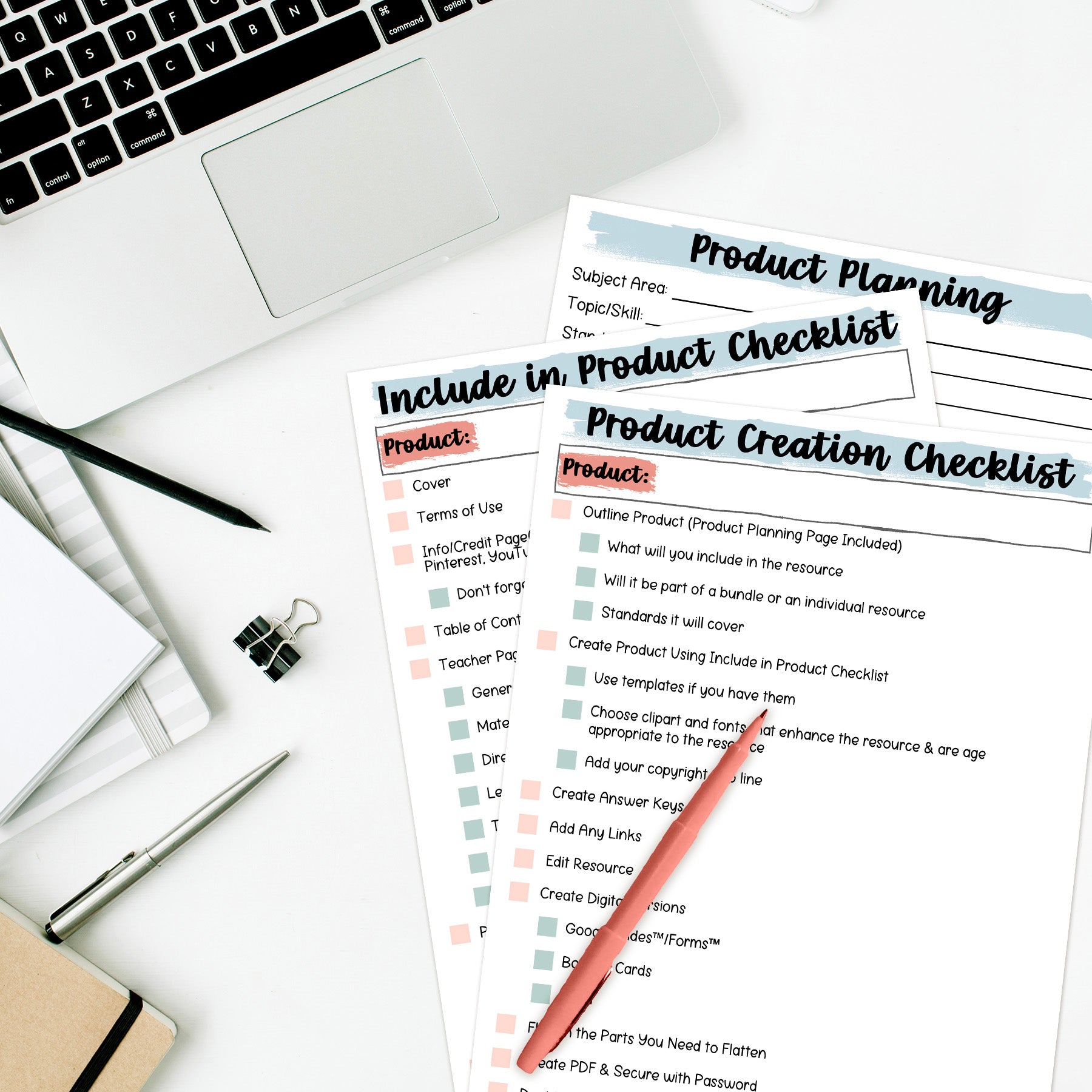 Product Creation and Upload Checklists for TPT Sellers - Print and Digital through Google Slides - Teachers Pay Teachers - Product Creation Checklist, Include in Product Checklist, Product Planning