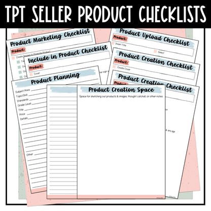 Product Creation and Upload Checklists for TPT Sellers - Print and Digital through Google Slides - Teachers Pay Teachers - Product Creation Checklist, Include in Product Checklist, Product Upload Checklist, Product Marketing Checklist, Product Planning, Notes