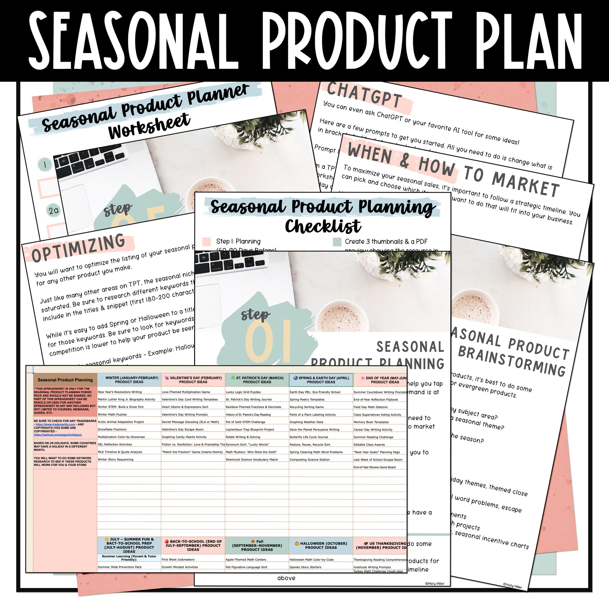 Seasonal Product Planning Power Pack - Easy How to Guide and Toolkit for TpT Sellers - Spreadsheet - Seasonal Product Planning Checklist - Step 1: Seasonal Product Planning - Brainstorming - Optimizing - When & How to Market - ChatGPT - Seasonal Product Planner Worksheet - Teachers Pay Teachers - Selling on TPT - TPT Sellers