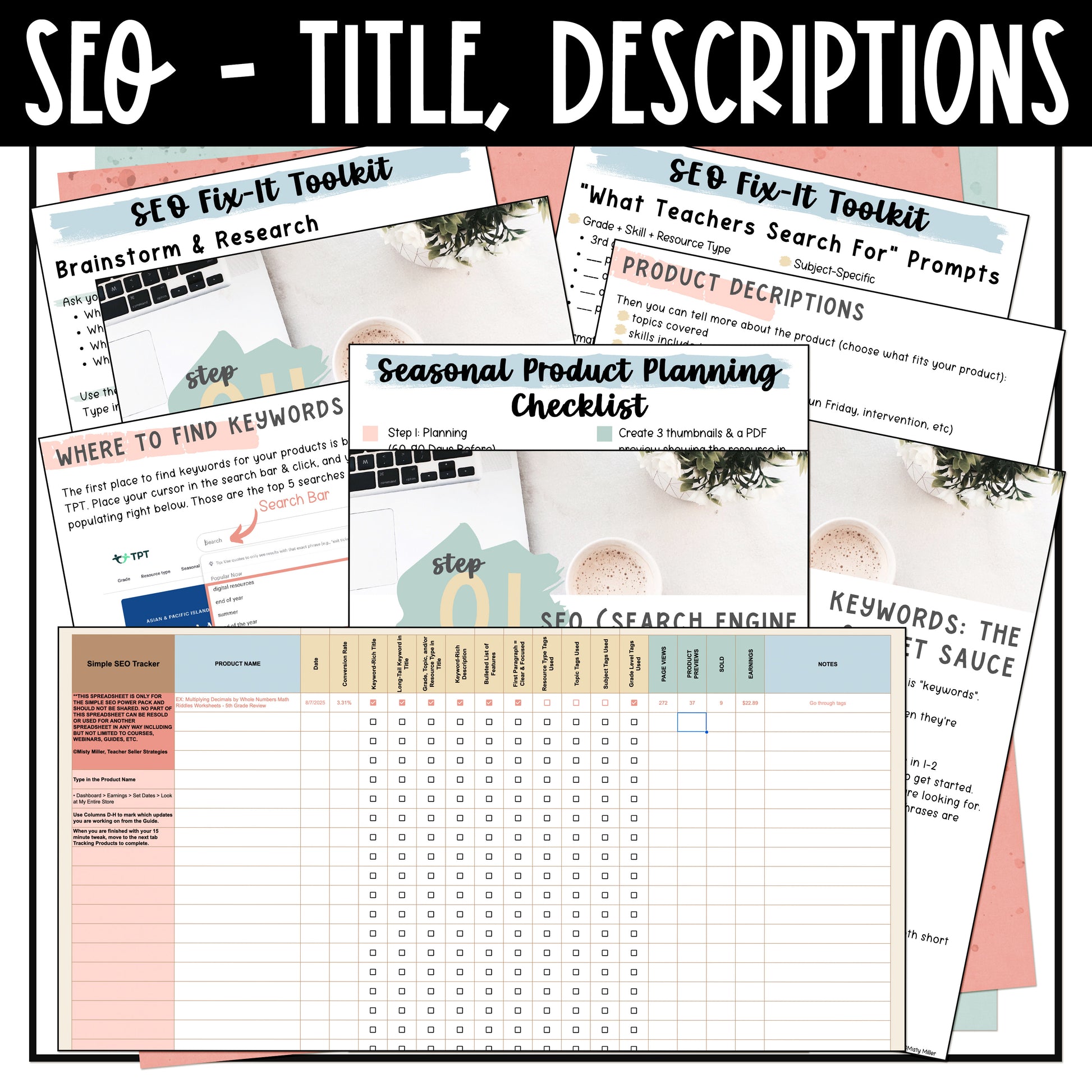 Collection of SEO and product planning checklists with text and graphics. TPT Seller SEO, Titles, and Descriptions - Simple SEO Steps for Big Visibility