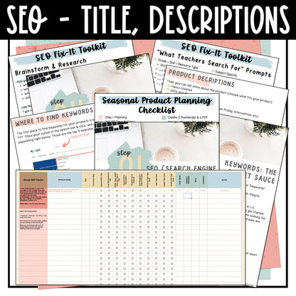 Collection of SEO and product planning checklists with text and graphics. TPT Seller SEO, Titles, and Descriptions - Simple SEO Steps for Big Visibility