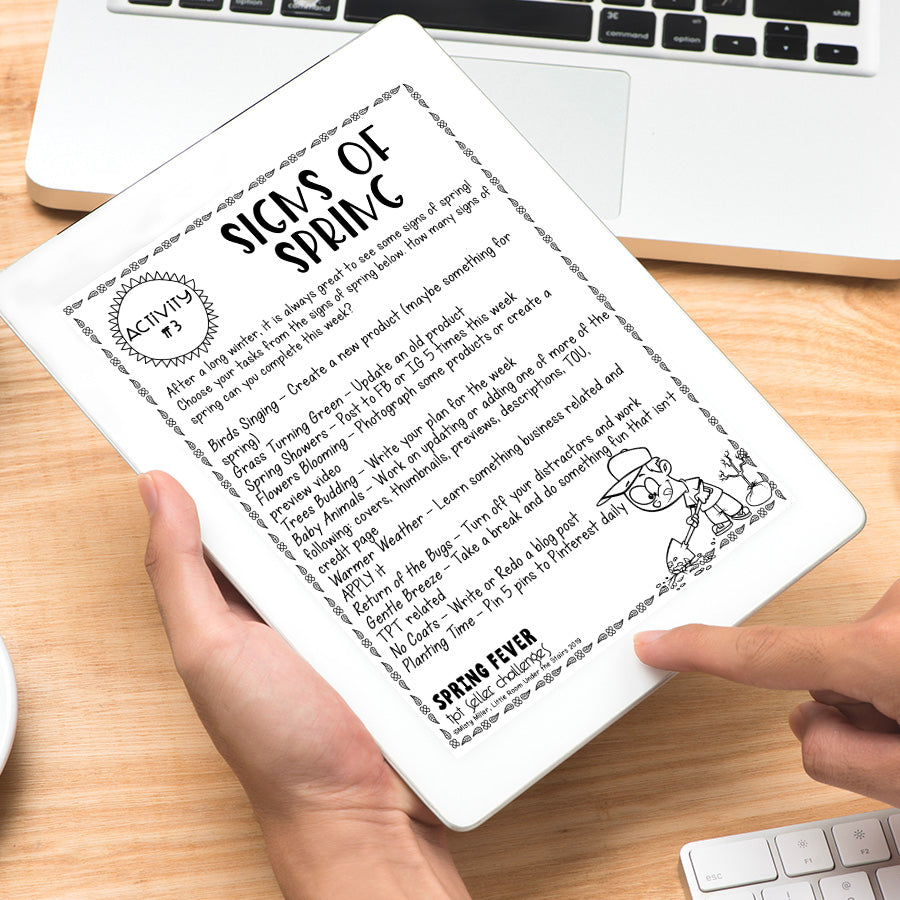 TPT Seller Spring Fever Challenges -12 weekly spring challenges - work on your TPT store and business - Challenge Sheet Theme is Spring Fever