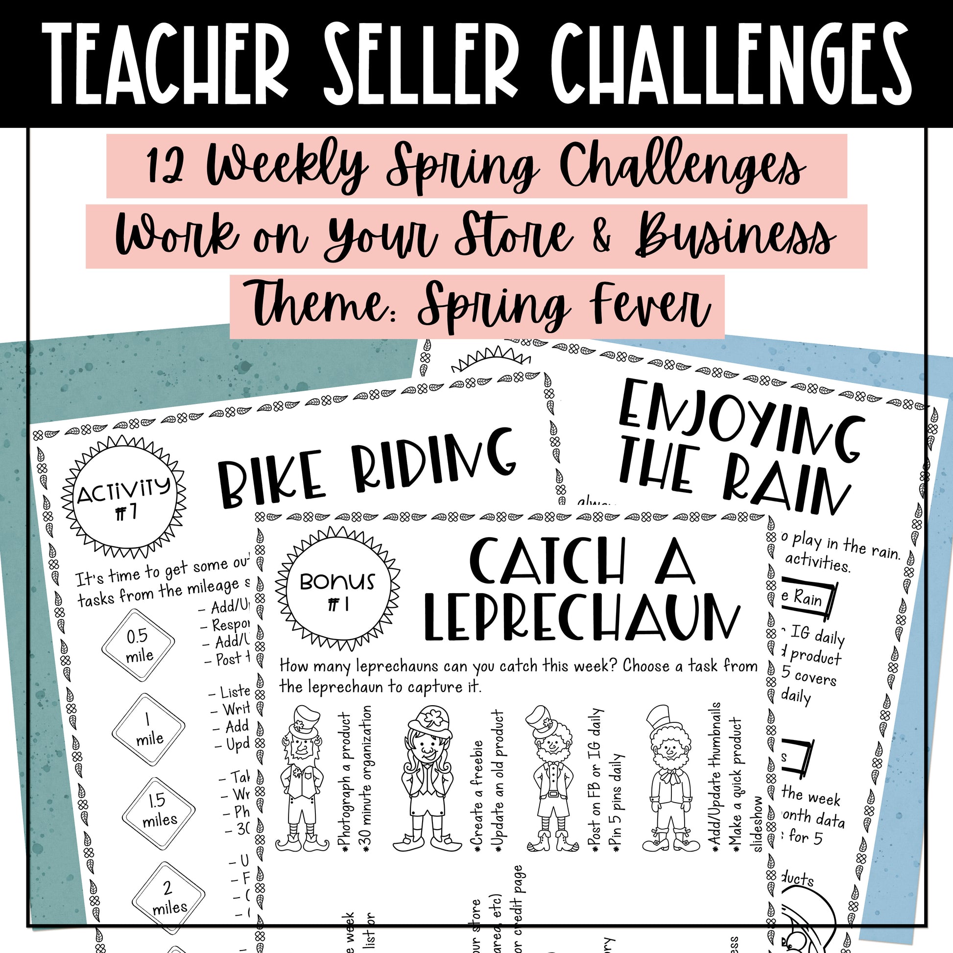 TPT Seller Spring Fever Challenges -12 weekly spring challenges - work on your TPT store and business - Challenge Sheet Theme is Spring Fever