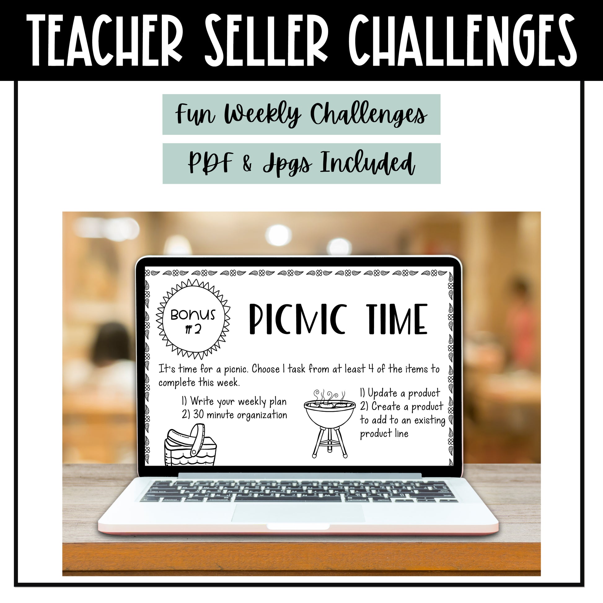 TPT Seller Spring Fever Challenges - fun weekly spring challenges - PDF & jpgs included - print or upload to a program such as GoodNotes, Google Slides. or Canva - personal use only - work on your TPT store and business - Challenge Sheet Theme is Spring Fever