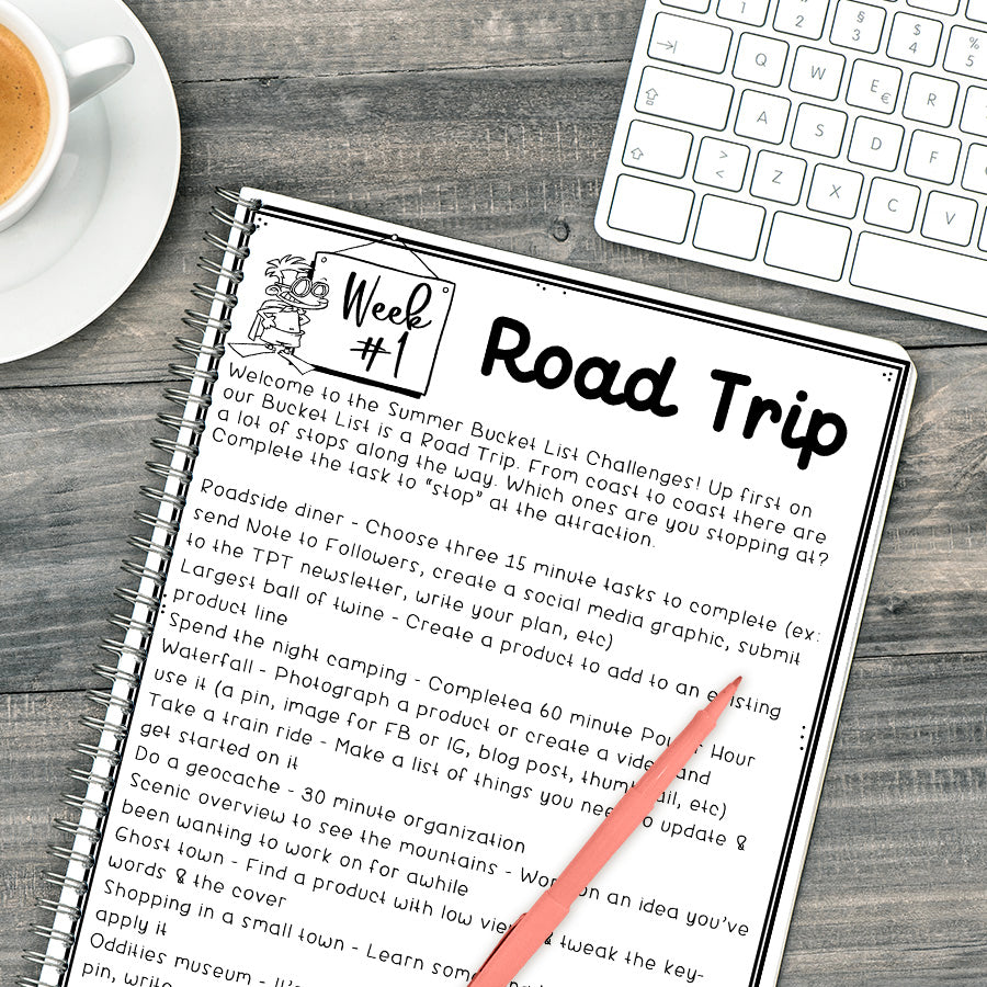 TPT Seller Summer Bucket List Challenges -12 weekly spring challenges - work on your TPT store and business - Challenge Sheet Theme is Summer Bucket List 