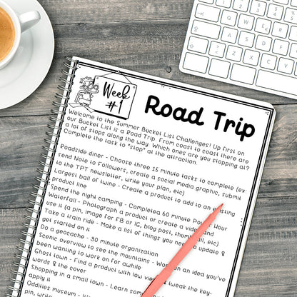 TPT Seller Summer Bucket List Challenges -12 weekly spring challenges - work on your TPT store and business - Challenge Sheet Theme is Summer Bucket List 