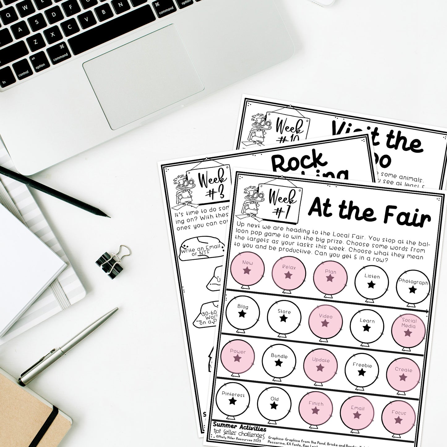 TPT Seller Summer Bucket List Challenges -12 weekly spring challenges - work on your TPT store and business - Challenge Sheet Theme is Summer Bucket List 
