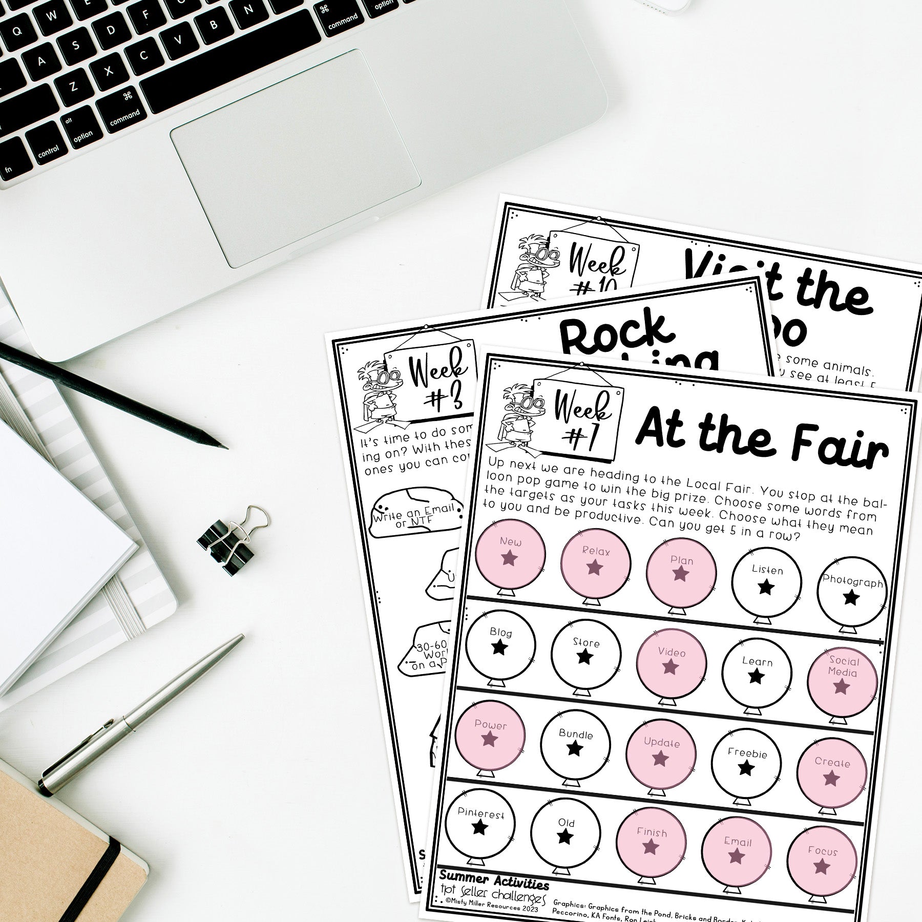 TPT Seller Summer Bucket List Challenges -12 weekly spring challenges - work on your TPT store and business - Challenge Sheet Theme is Summer Bucket List 