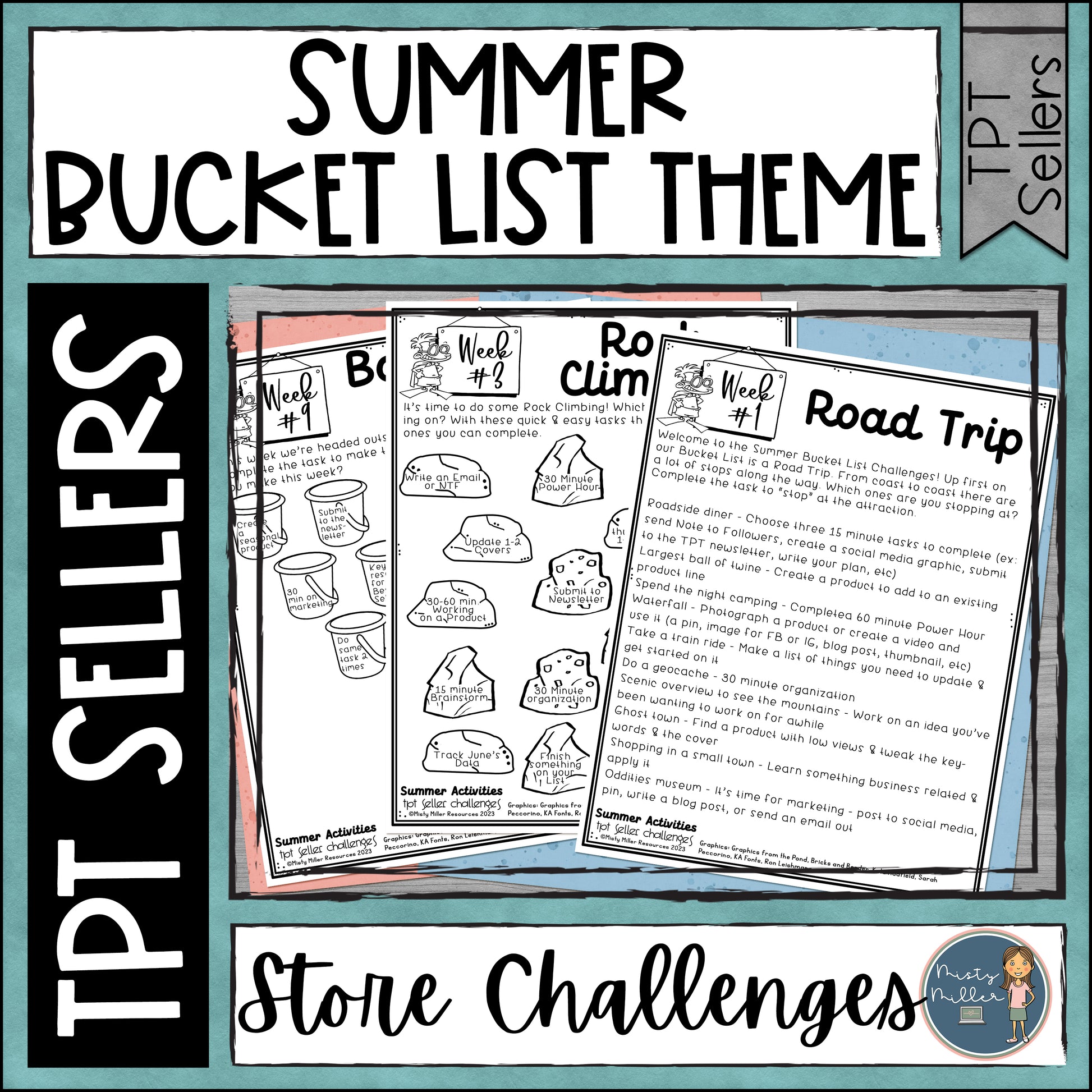 TPT Seller Summer Bucket List Challenges - Productivity help for working on your TPT store and business - 12 weeks of challenges sheets with a variety of tasks for your Teachers Pay Teachers store