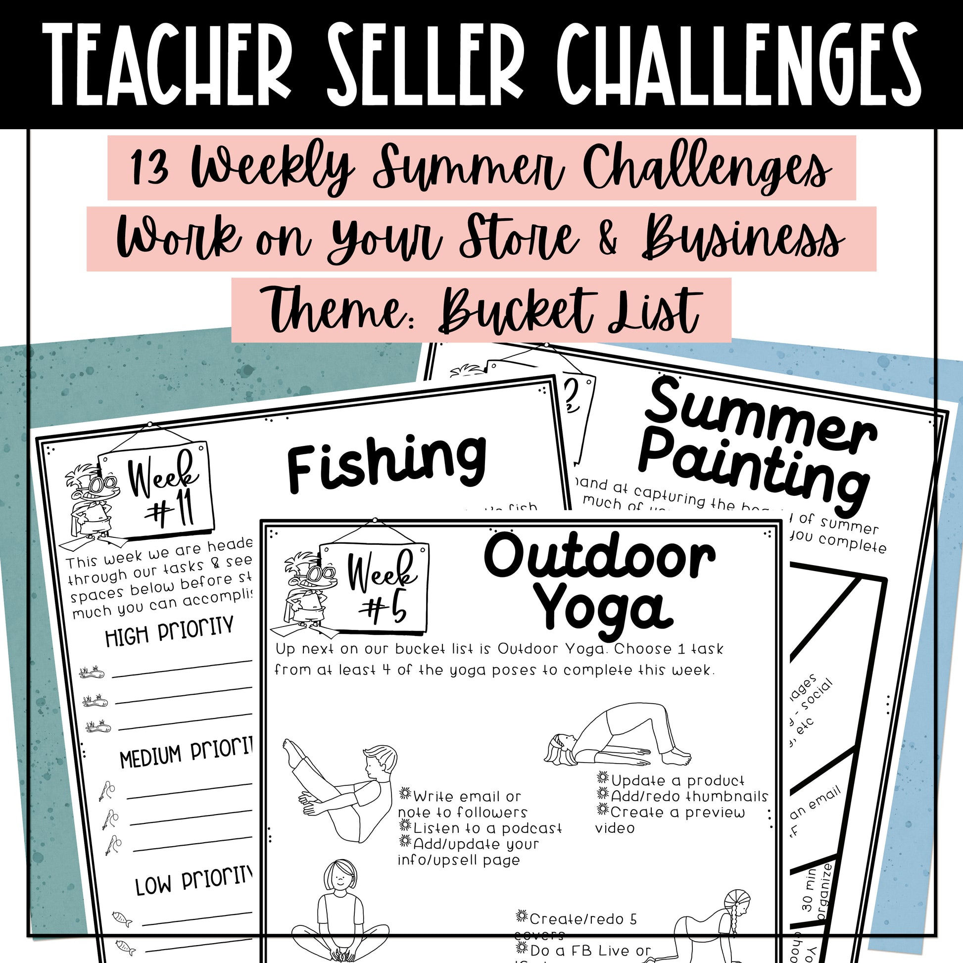 TPT Seller Summer Bucket List Challenges -12 weekly spring challenges - work on your TPT store and business - Challenge Sheet Theme is Summer Bucket List 