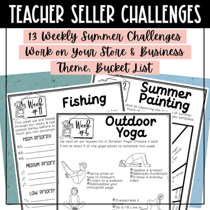 TPT Seller Summer Bucket List Challenges -12 weekly spring challenges - work on your TPT store and business - Challenge Sheet Theme is Summer Bucket List 