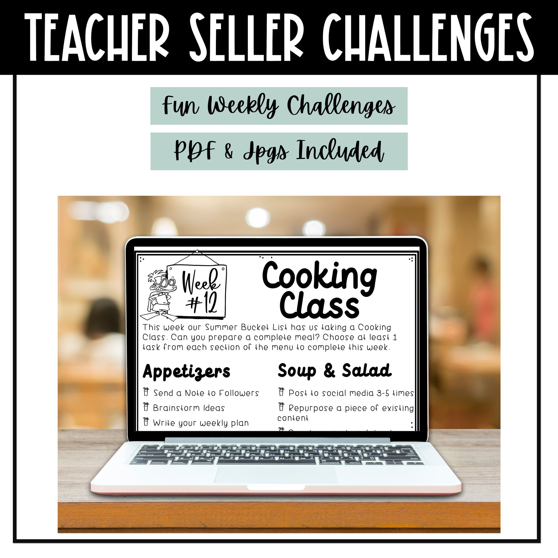 TPT Seller Summer Bucket List Challenges - fun weekly summer challenges - PDF & jpgs included - print or upload to a program such as GoodNotes, Google Slides. or Canva - personal use only - work on your TPT store and business - Challenge Sheet Theme is Summer Bucket List