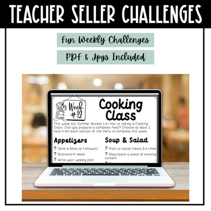TPT Seller Summer Bucket List Challenges - fun weekly summer challenges - PDF & jpgs included - print or upload to a program such as GoodNotes, Google Slides. or Canva - personal use only - work on your TPT store and business - Challenge Sheet Theme is Summer Bucket List