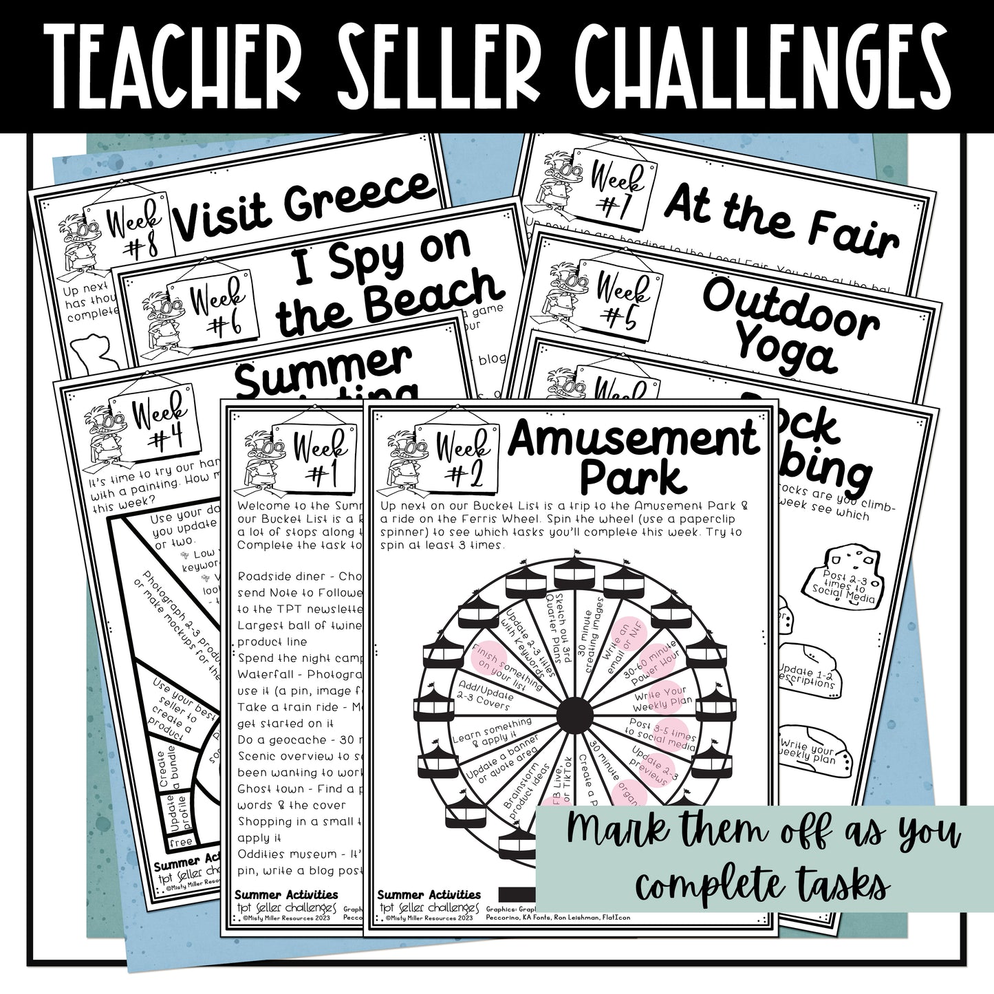TPT Seller Summer Bucket List Challenges -12 weekly summer challenges - one sheet of tasks for each week - mark off tasks as you complete them during the week - work on your TPT store and business - Challenge Sheet Theme is Summer Bucket List