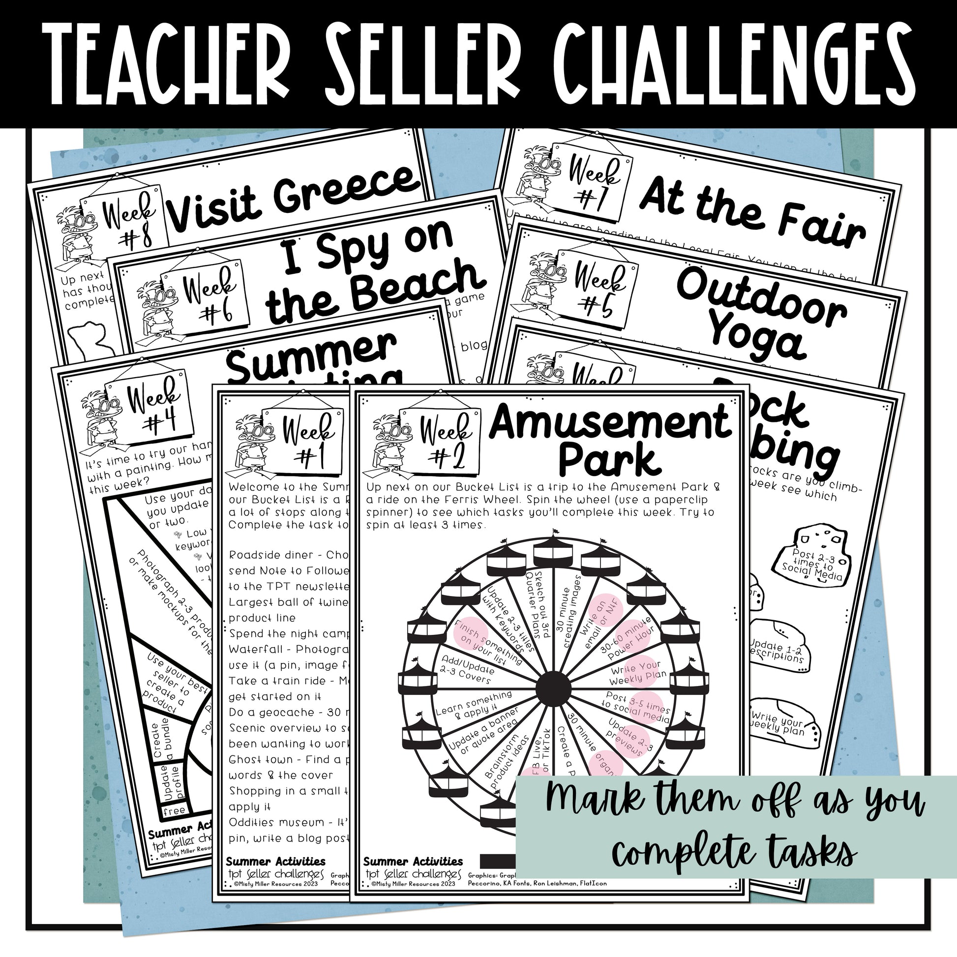 TPT Seller Summer Bucket List Challenges -12 weekly summer challenges - one sheet of tasks for each week - mark off tasks as you complete them during the week - work on your TPT store and business - Challenge Sheet Theme is Summer Bucket List