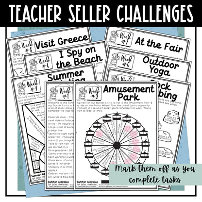TPT Seller Summer Bucket List Challenges -12 weekly summer challenges - one sheet of tasks for each week - mark off tasks as you complete them during the week - work on your TPT store and business - Challenge Sheet Theme is Summer Bucket List