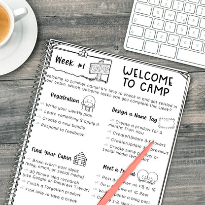 Summer Camp TPT Seller Store Productivity Challenges - Teachers Pay Teachers - Week 1 Welcome to Camp - Write weekly plan - Create a new product - Brain storm post ideas