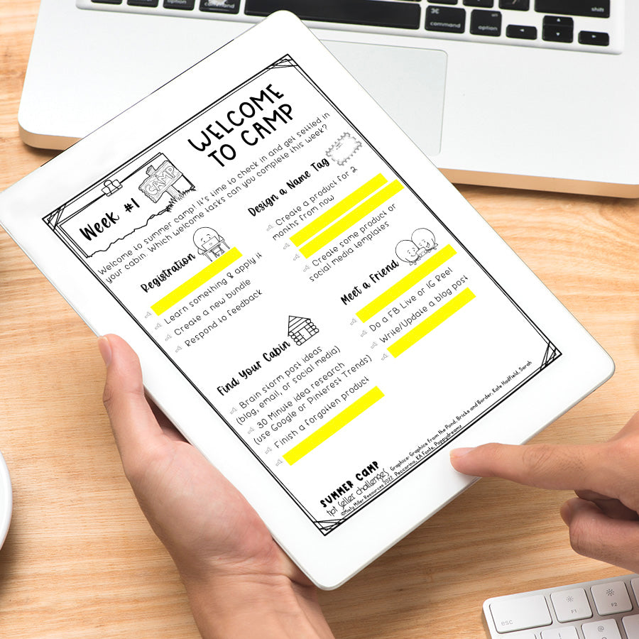Summer Camp TPT Seller Store Productivity Challenges - Teachers Pay Teachers - Week 1 Welcome to Camp - 30 minute idea research - Create some product or social media templates