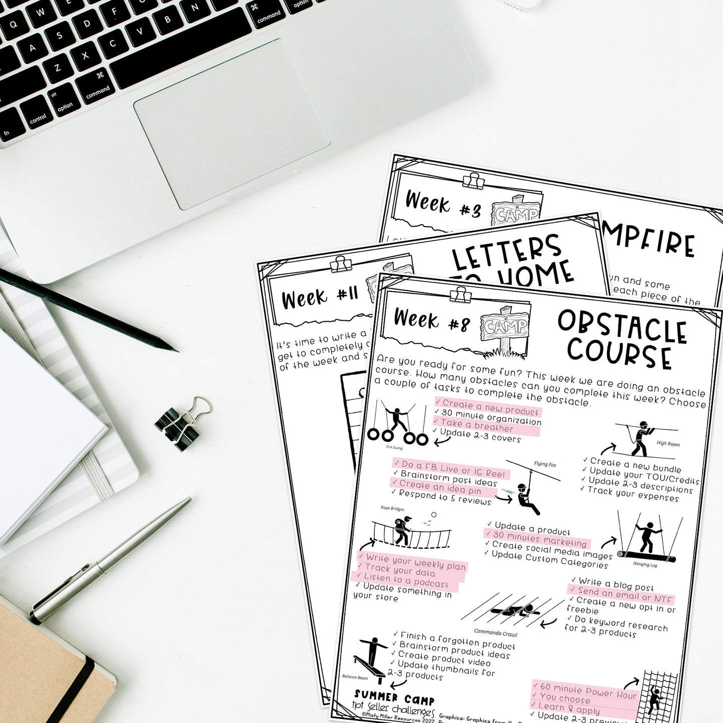Summer Camp TPT Seller Store Productivity Challenges - Teachers Pay Teachers - Week 8 Obstacle Course - Create a new product - Create a new bundle - Brainstorm post ideas - Update a product