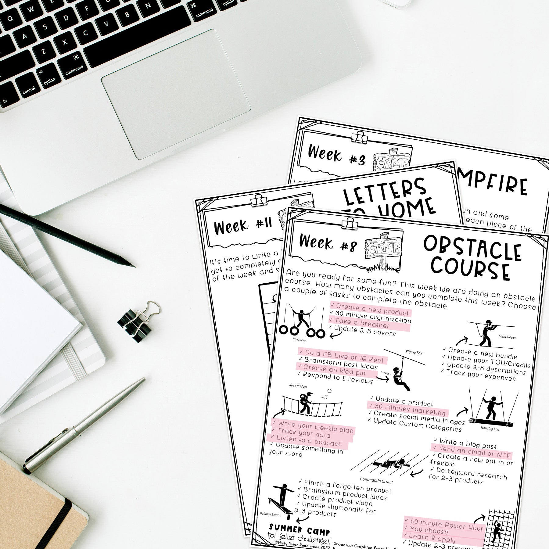 Summer Camp TPT Seller Store Productivity Challenges - Teachers Pay Teachers - Week 8 Obstacle Course - Create a new product - Create a new bundle - Brainstorm post ideas - Update a product