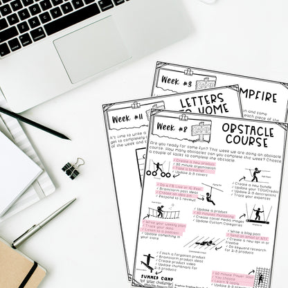 Summer Camp TPT Seller Store Productivity Challenges - Teachers Pay Teachers - Week 8 Obstacle Course - Create a new product - Create a new bundle - Brainstorm post ideas - Update a product