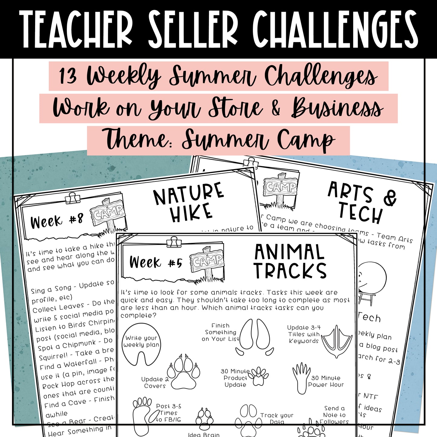 Summer Camp TPT Seller Store Productivity Challenges - Teachers Pay Teachers - 13 Weekly Summer Challenges - Work on Your Store & Business - Theme: Summer Camp