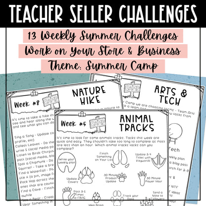 Summer Camp TPT Seller Store Productivity Challenges - Teachers Pay Teachers - 13 Weekly Summer Challenges - Work on Your Store & Business - Theme: Summer Camp