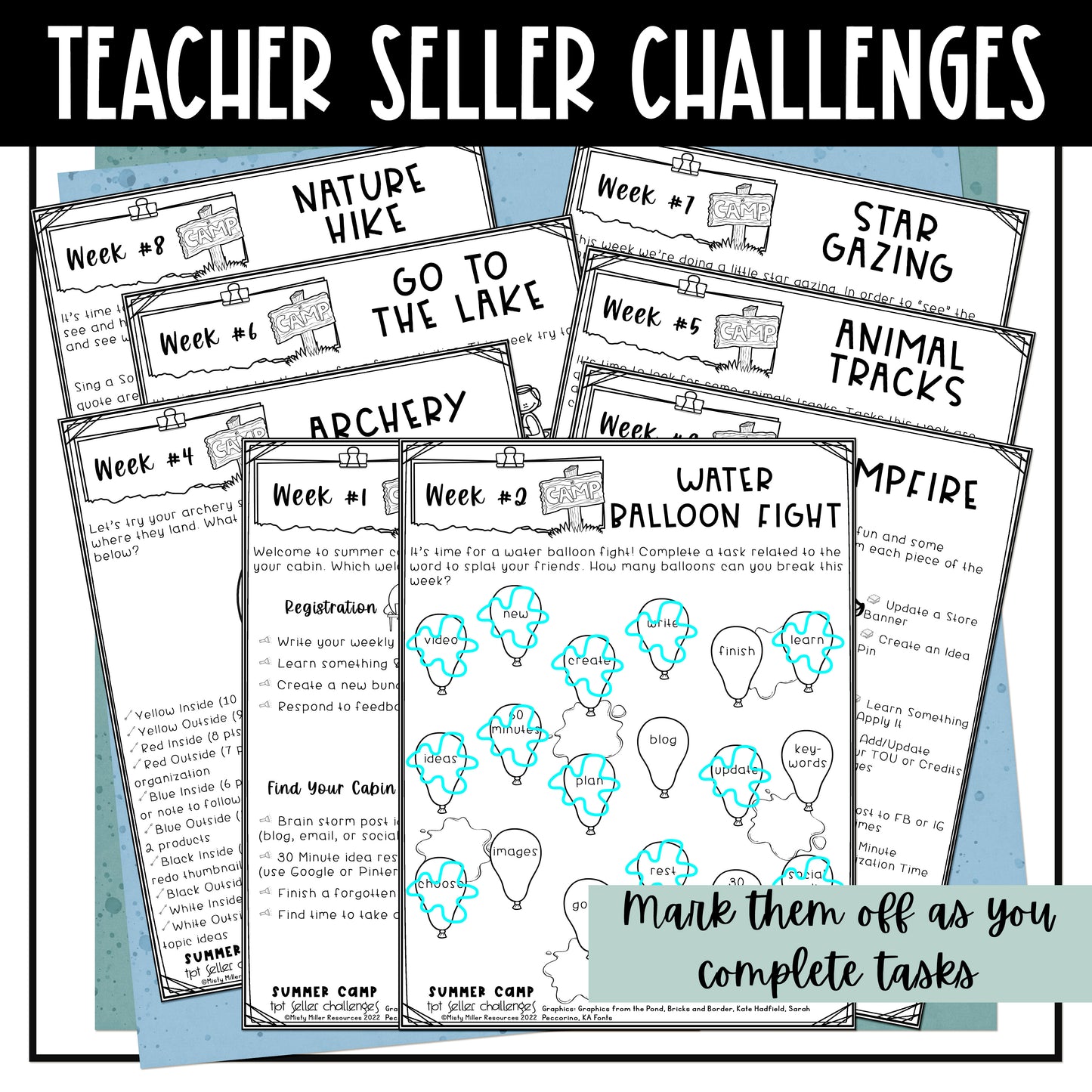 Summer Camp TPT Seller Store Productivity Challenges - Teachers Pay Teachers - Mark them off as you complete tasks
