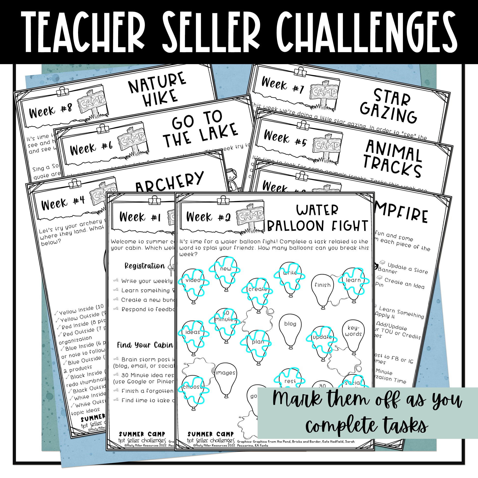 Summer Camp TPT Seller Store Productivity Challenges - Teachers Pay Teachers - Mark them off as you complete tasks
